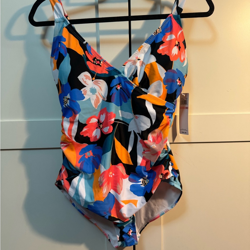 Anne Cole Neon Orange Retro Floral Print Womens One Piece Swimsuit